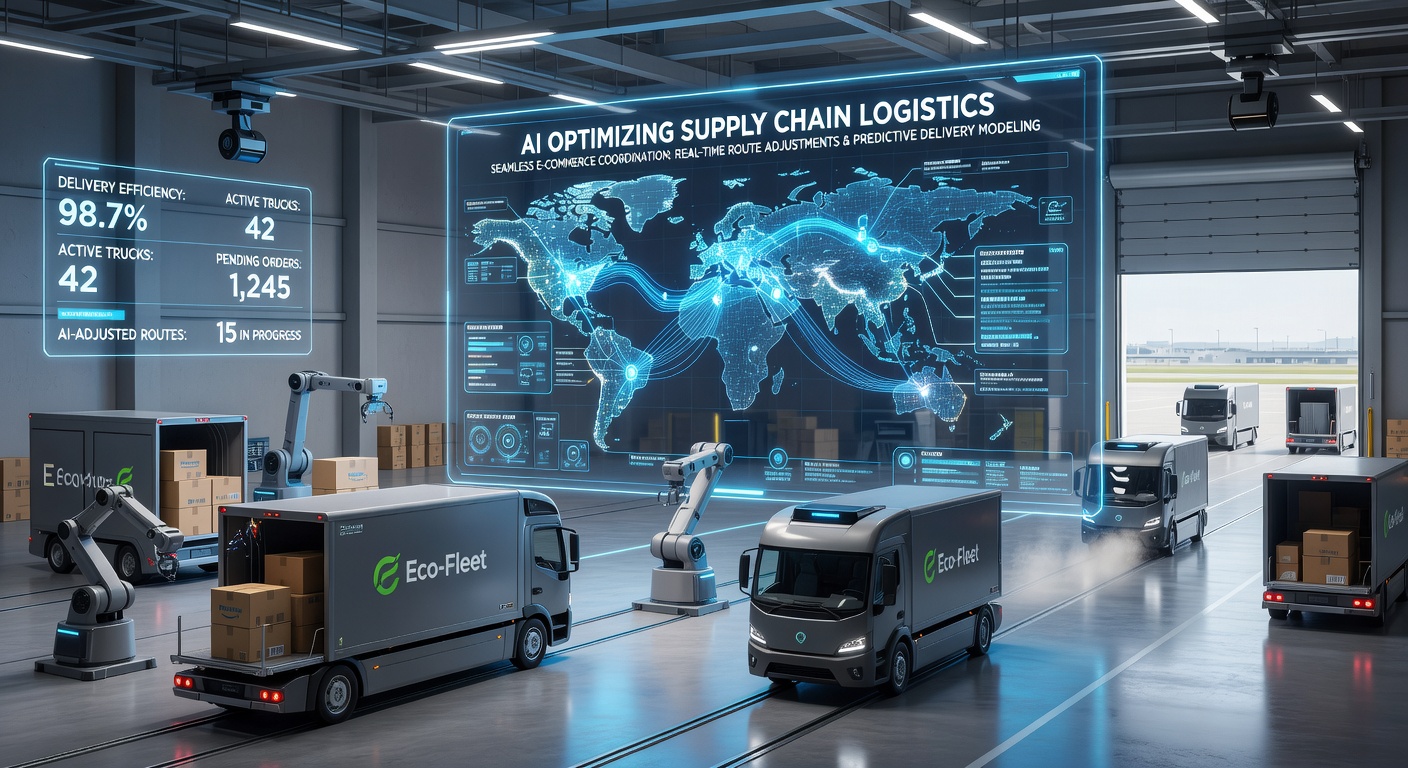 AI-powered supply chain optimisation dashboard showing inventory levels, demand forecasting charts, and warehouse distribution maps